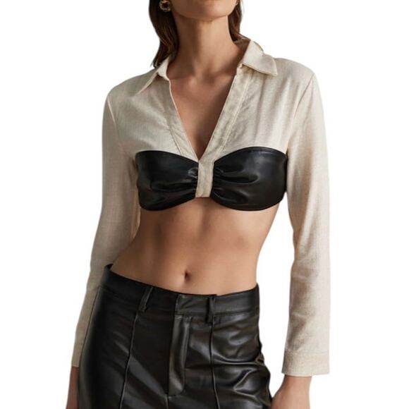 Micas Women's Large Beige Colorblock Faux Leather Linen Ruched Long-Sleeve Shirt - Picture 4 of 10